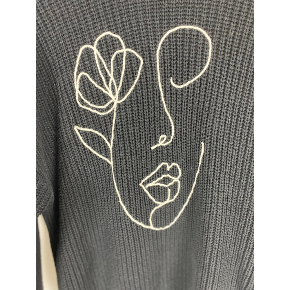 Forever 21 Womens Black‎ Abstract Face Line Art Ribbed Knit Sweater Large - Picture 10 of 11